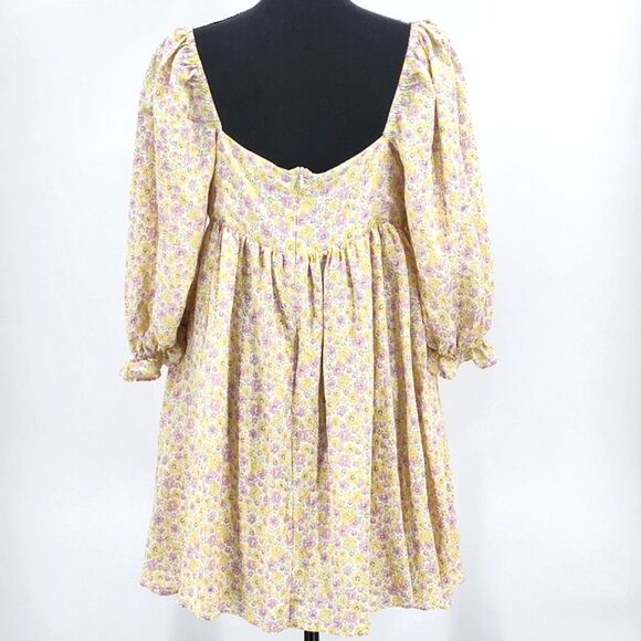 Storia Puff Sleeve Babydoll Mini Dress Size Large White Pink Yellow Floral - Picture 5 of 11